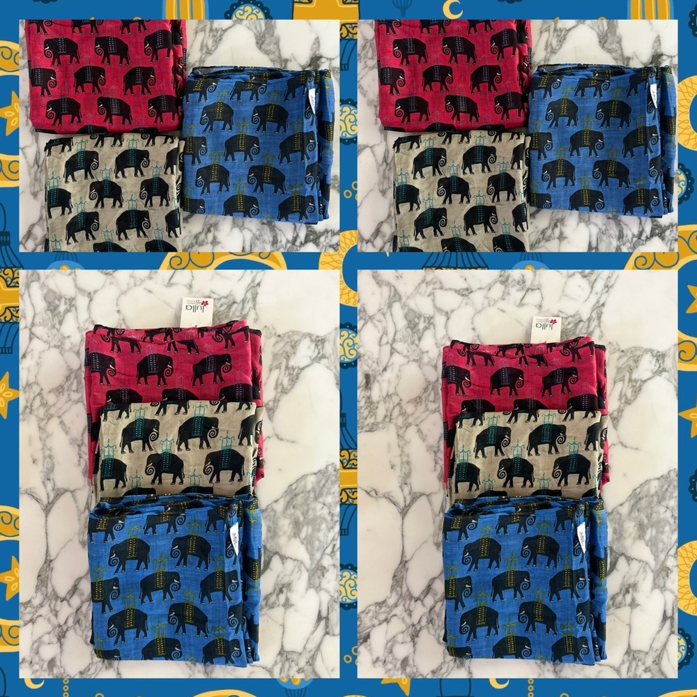 Elephant Print Scarf Set in Red, Blue, and Beige